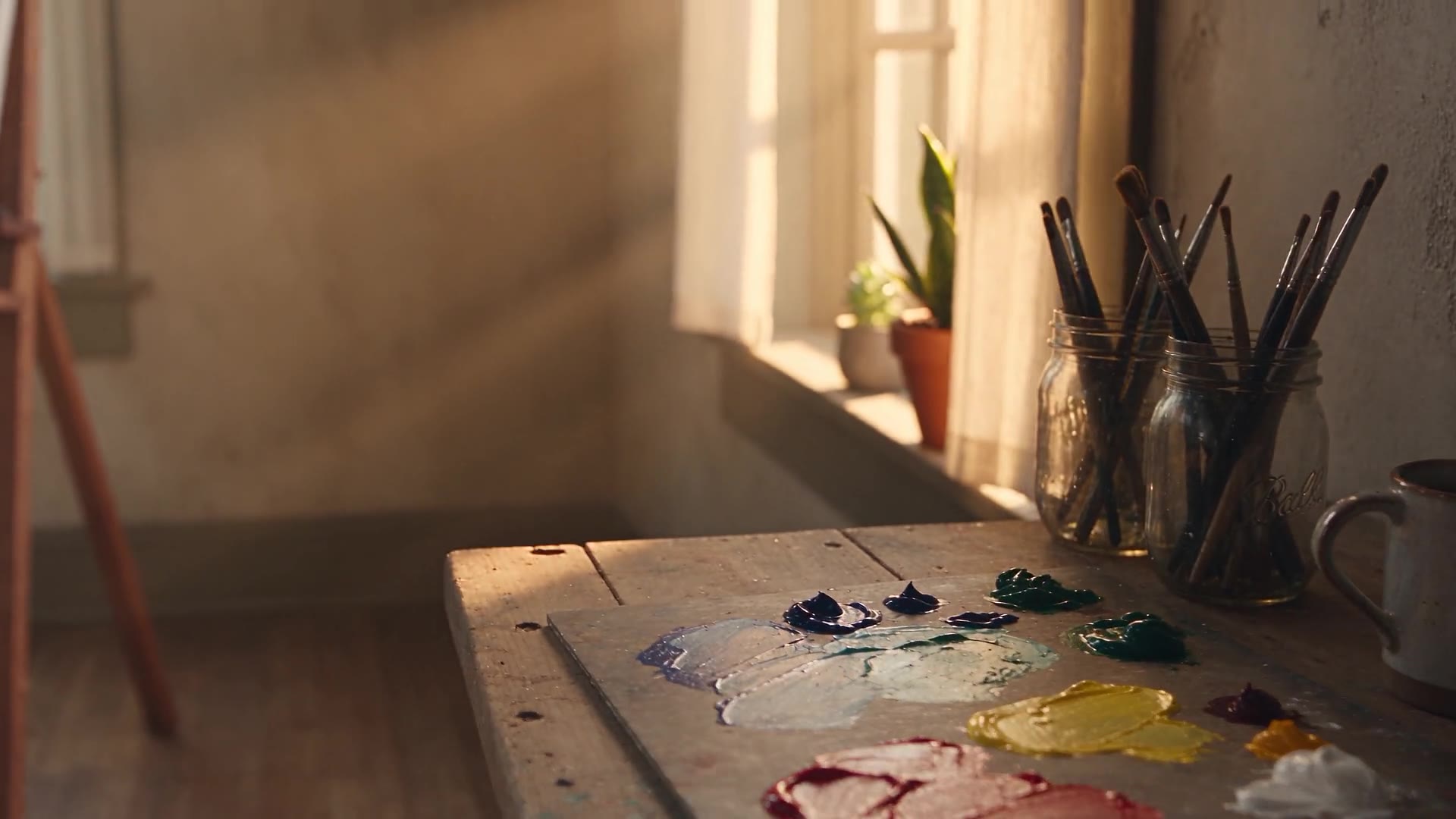 Sunlit painting studio with brushes and a palette